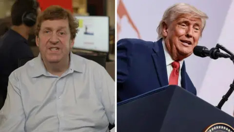 Gary O'Donoghue in the BBC's DC newsroom, with a computer behind him showing the BBC website, and Trump at a podium next to him in a composite